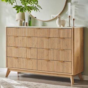 T4TREAM 54" Wide Fluted 9 Drawer Dresser for Bedroom, Natural Oak | Mid Century Modern, Faux Marble Top, Curved Profile, Metal Handles, Anti-tip Kit, Smooth Slides, for Living Room, Hallway
