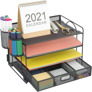 Marbrasse Desk Organizer, 4-Tier Paper File Letter Tray, Black | Sturdy Paper Tray, File Holder, Built-in Drawer, 2 Pen Slots, fits Letters/Files, for School Home Office Supplies