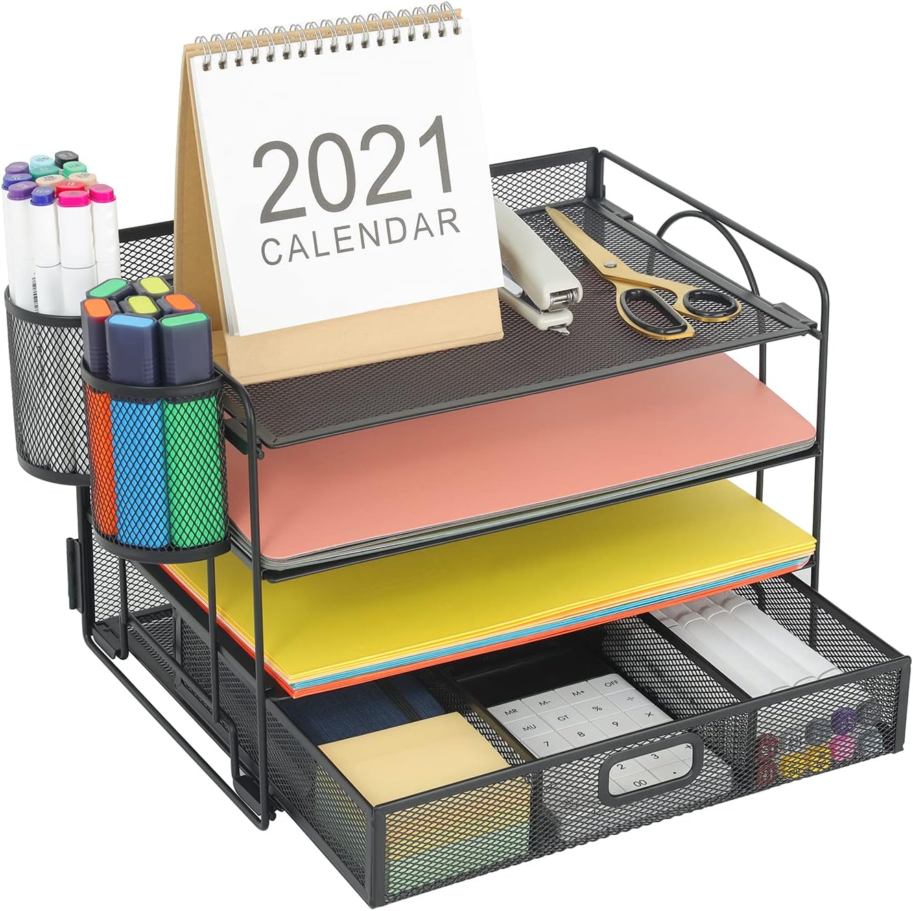 Marbrasse Desk Organizer, 4-Tier Paper File Letter Tray, Black | Sturdy Paper Tray, File Holder, Built-in Drawer, 2 Pen Slots, fits Letters/Files, for School Home Office Supplies