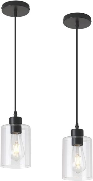 Shop Kitchen Tools & Home Decor Modern Black Farmhouse Clear Glass Cylinder Pendant Light Fixture,Island Lights for Kitchen,Mini Pendant Lighting for Kitchen Island Decor - 4.75 Inch Shade 58 Inch Cord (Black 2 Pack)