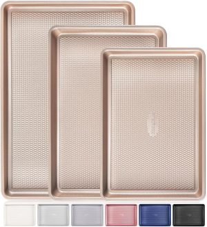Baking Sheet Pan Set of 3, Cookie Sheets for Oven, Nonstick Half/Quarter/Jelly Roll Pans with Diamond Texture Pattern, 0.8mm Thick Heavy Duty Cookie Tray, Champagne Gold