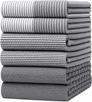 Premium Kitchen Towels 6 Pack 100% Cotton, 20"x28" Dish Towels - Grey | Large Flat & Terry Kitchen Linen Set with Hanging Loops, Highly Absorbent for Washing and Drying Dishes