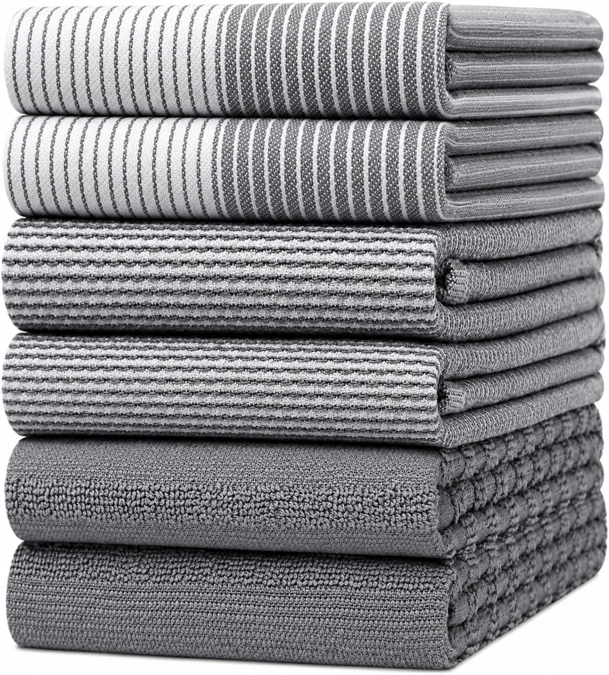 Premium Kitchen Towels 6 Pack 100% Cotton, 20"x28" Dish Towels - Grey | Large Flat & Terry Kitchen Linen Set with Hanging Loops, Highly Absorbent for Washing and Drying Dishes