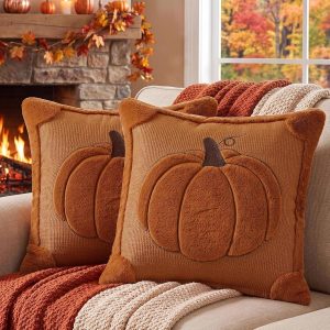 Softalker Fall Throw Pillow Covers 18x18 Set of 2 Rust Orange Pumpkin Plush | Double-Sided Faux Fur Covers with raised large pumpkin 3D embroidery, designed for bedrooms, and cozy fall home decor.