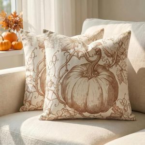Fall Pumpkin Pillow Covers Set of 2, Rustic Brown Toile 18x18