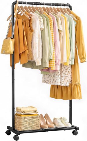 Sakugi Clothes Rack - Clothing Rack with Storage Mesh Shelf & Casters, Heavy-Duty Metal Clothing Rack for Hanging Clothes, Dresses, Coats, Large Load Capacity, Easy Assembly, Black, 28.0"x16.9"x59.0"