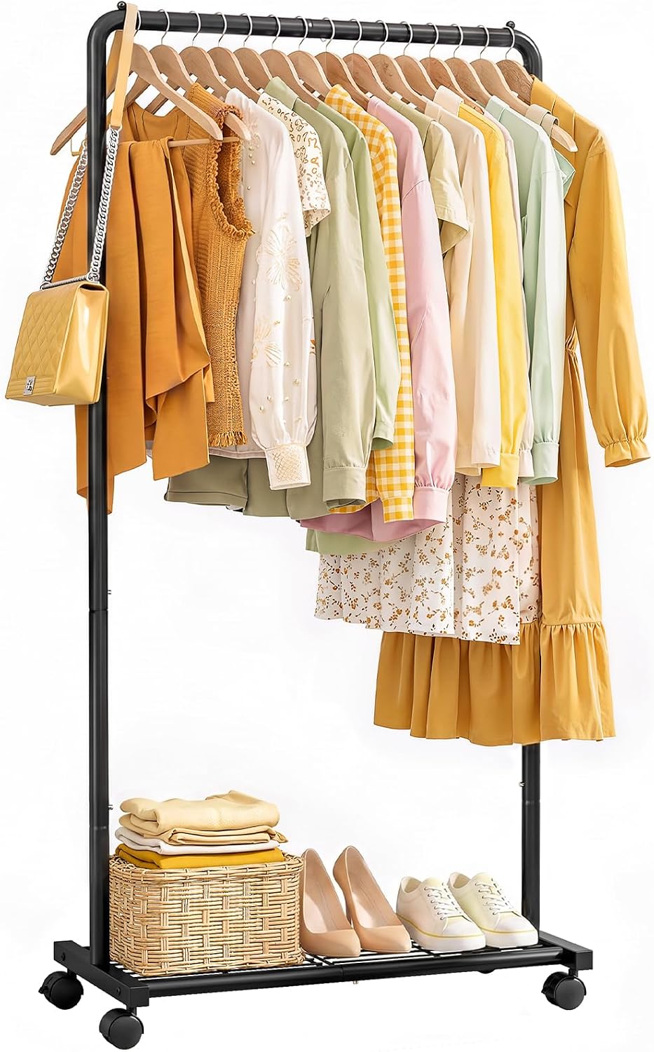 Sakugi Clothes Rack - Clothing Rack with Storage Mesh Shelf & Casters, Heavy-Duty Metal Clothing Rack for Hanging Clothes, Dresses, Coats, Large Load Capacity, Easy Assembly, Black, 28.0"x16.9"x59.0"