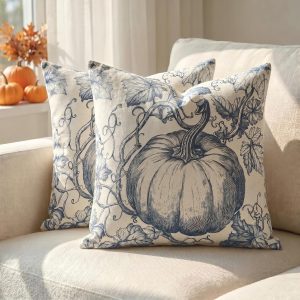 Fall Pumpkin Pillow Covers Set of 2, Navy Blue Toile 18x18