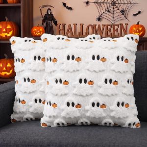 AVOIN colorlife Halloween Ghost Cream White Throw Pillow Covers 18 x 18 Inch, Pumpkin Spooky Soft Plush Faux Fur Jacquard Cushion Case Decoration for Sofa Couch Set of 2