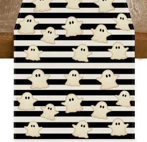 RABUSOFA Ghost Halloween Table Runner,Halloween Decorations for Home | Striped Autumn Thanksgiving Kitchen Dining for Party Decor 13x72 Inch