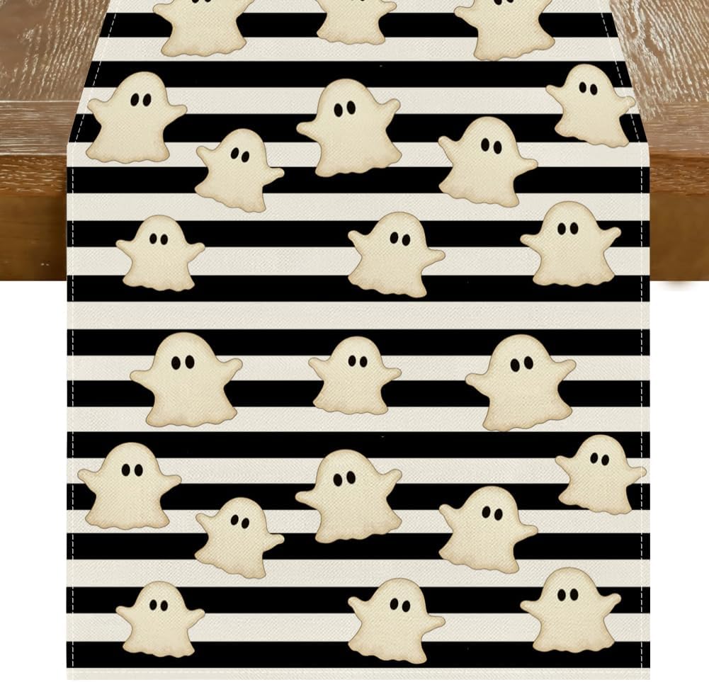 RABUSOFA Ghost Halloween Table Runner,Halloween Decorations for Home | Striped Autumn Thanksgiving Kitchen Dining for Party Decor 13x72 Inch