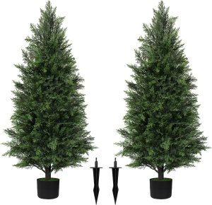 AOKIIE 3FT Artificial Cedar Tree, UV Resistant Fake Pine Tree | 2 Pack Outdoor Artificial Plants with Pot and Spike, Sturdy Build & No Maintenance Faux Topiary Bushes for Front Porch