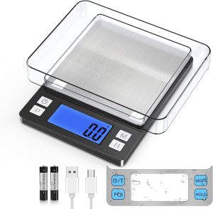 BOMATA Upgraded Small Food Scale with 0.1 g/0.001 oz High Precision | 3000 g/6.6 lb, New Hold Function, Larger Display, USB Rechargeable, Digital Kitchen Scale for Small Item, Jewelry. Black