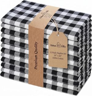 Urban Villa Cloth Napkins Cotton 20x20 (Set of 12) Black Cheks