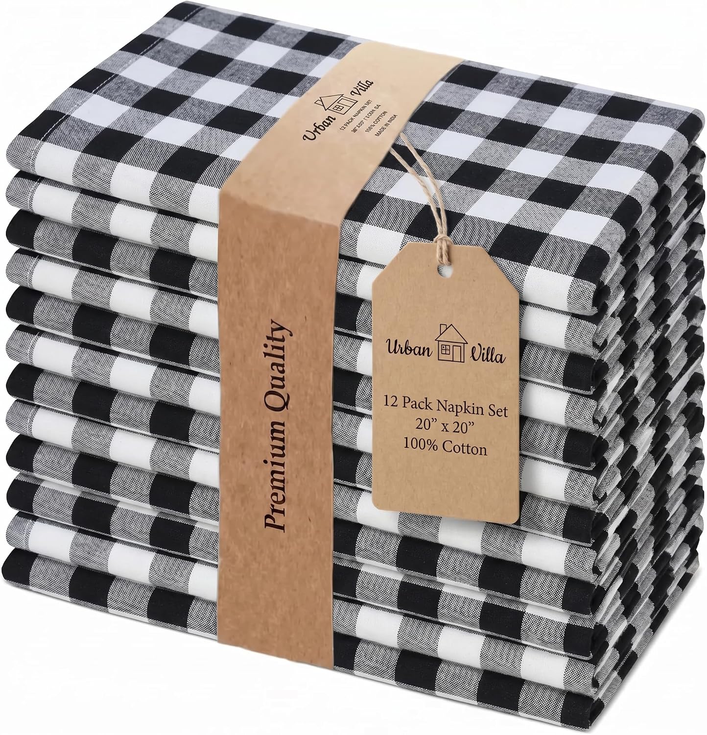 Urban Villa Cloth Napkins Cotton 20x20 (Set of 12) Black Cheks
