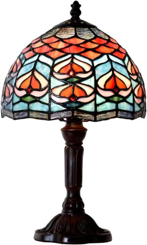 KQKP02 8Inch Small Tiffany-Style Table Lamp | Stained Glass Lamp, Vibrant Peacock Feather-Style Table Lamp, Decorative Table Lamp, Dorm Rooms, Bars,Bedrooms, Living Rooms