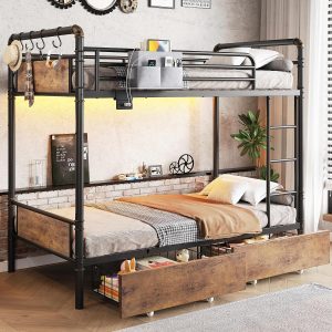 Jocoevol Metal LED Bunk Bed Twin Over Twin with 2 Storage Drawers, USB Charging Station, Industrial Bunkbeds Heavy Duty Bed with Safety Guardrail and Ladder, No Box Spring Needed, Vintage Brown