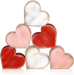 Wooden Valentine's Day Hearts Decorations Indoor, Wood Heart Blocks Tiered Tray Decor Set of 6, Red Pink White Valentine Decoration for Home Party Office Shelf Mantle (Vintage)