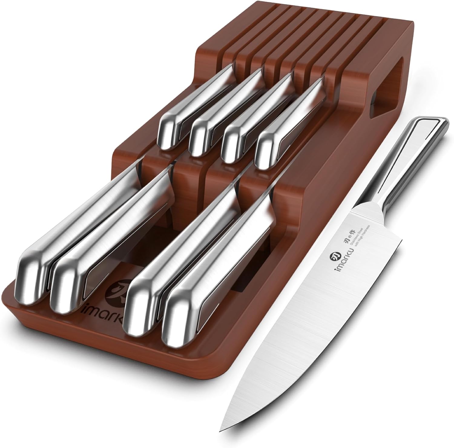imarku 10 PCS Stainless Steel Drawer Knife Set with Wooden Organizer | Japanese High-Carbon Stainless Steel Blades, Patented Non-Slip Handle, Space-Saving Drawer Design, Dishwasher Safe