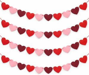 Valentines Day Decorations - Red Felt Heart Garland Hanging String - Ready-to-Use Romantic Valentines Day Decor for Home, Office, Wedding, Anniversary, Birthday Party - No DIY (Red)