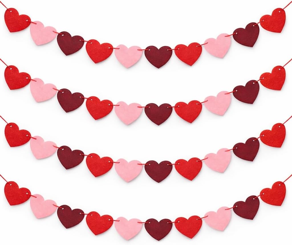 Valentines Day Decorations - Red Felt Heart Garland Hanging String - Ready-to-Use Romantic Valentines Day Decor for Home, Office, Wedding, Anniversary, Birthday Party - No DIY (Red)