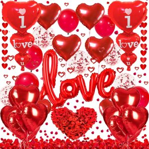 Valentines Day Decorations Set, I Love You Balloons and Red Heart Balloons With Fake Rose Petals for Valentines Day Party Wedding Anniversary Engagement Decor