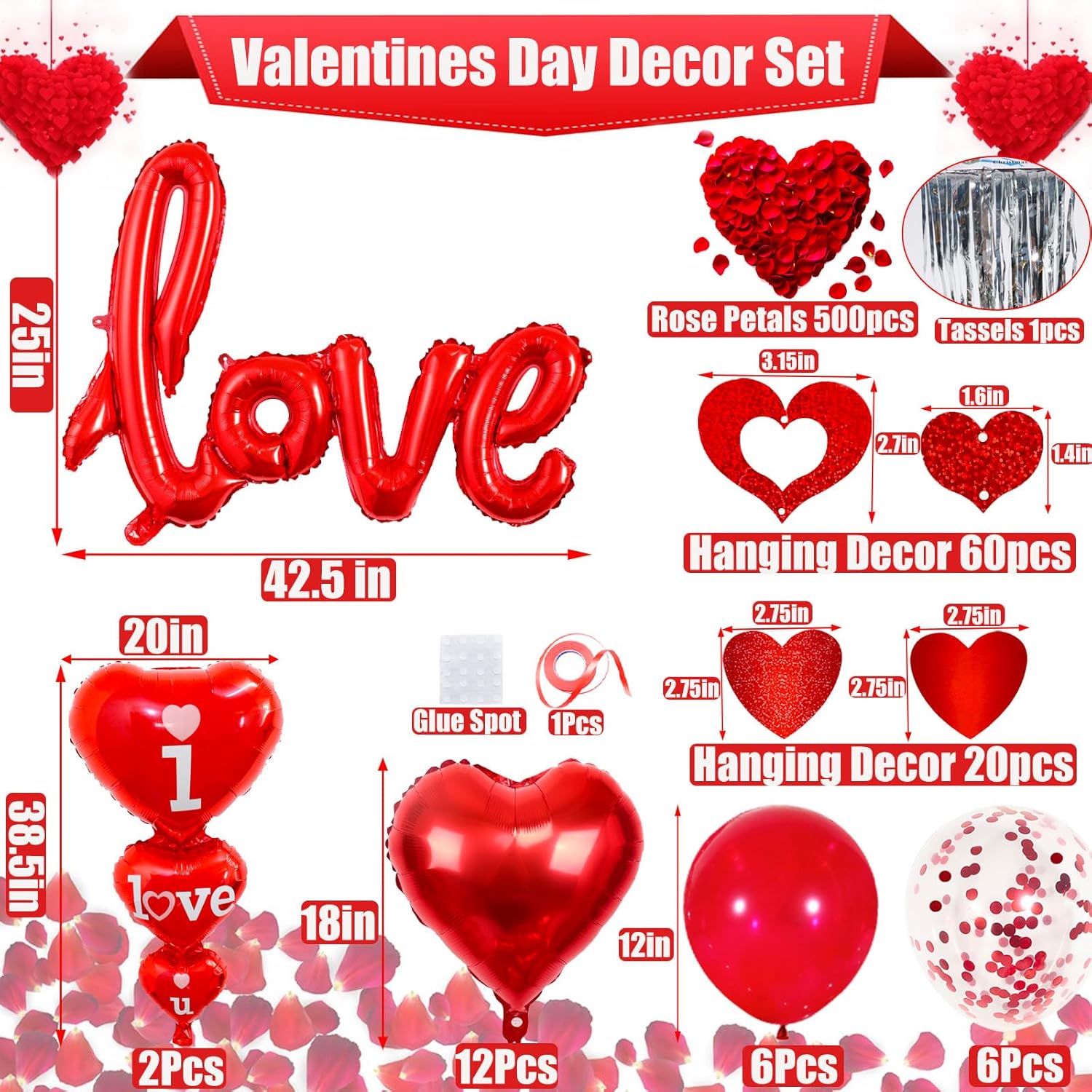 Romantic Valentine Decor Set: "I Love You" Balloons, Red Hearts, Petals. - Image 2