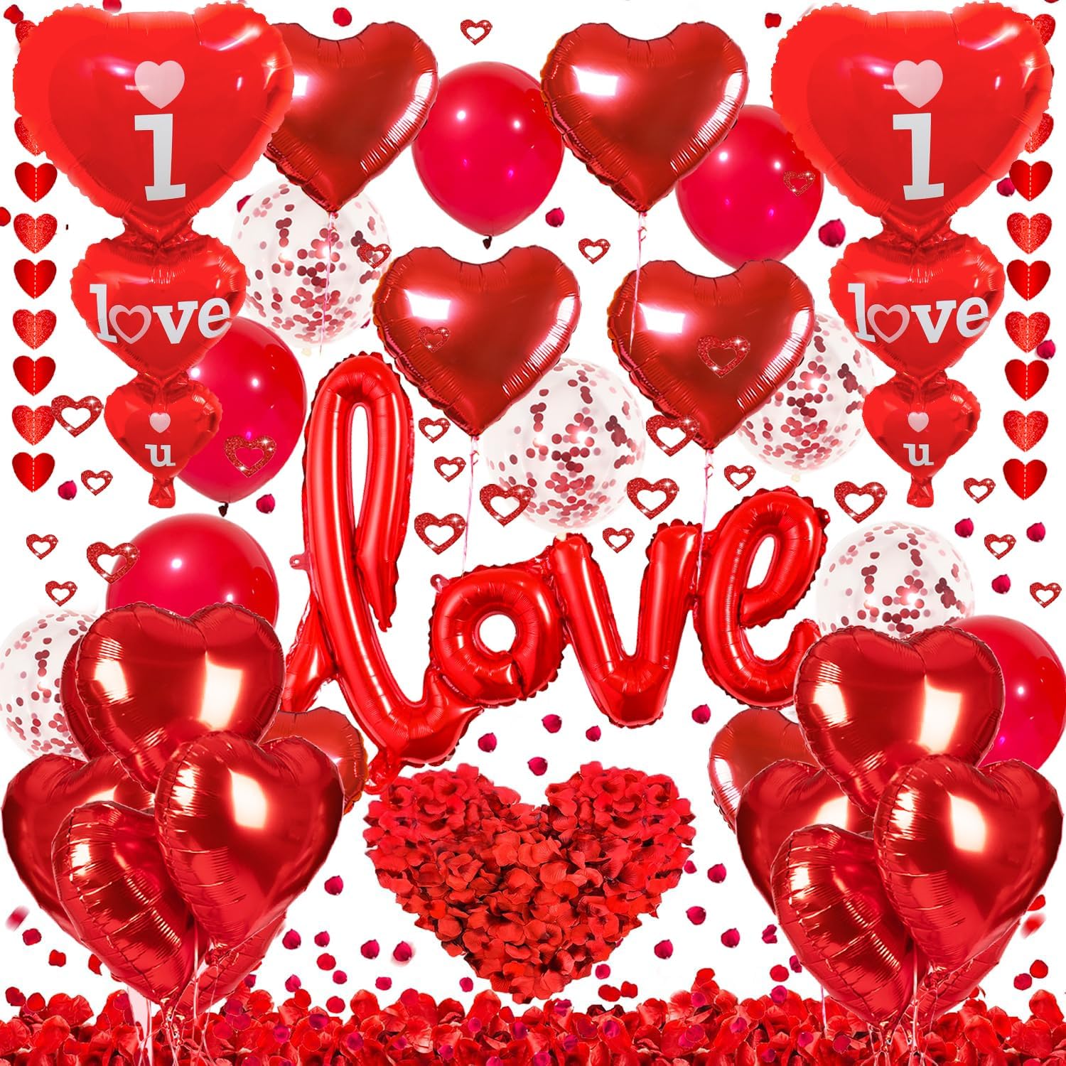 Valentines Day Decorations Set, I Love You Balloons and Red Heart Balloons With Fake Rose Petals for Valentines Day Party Wedding Anniversary Engagement Decor