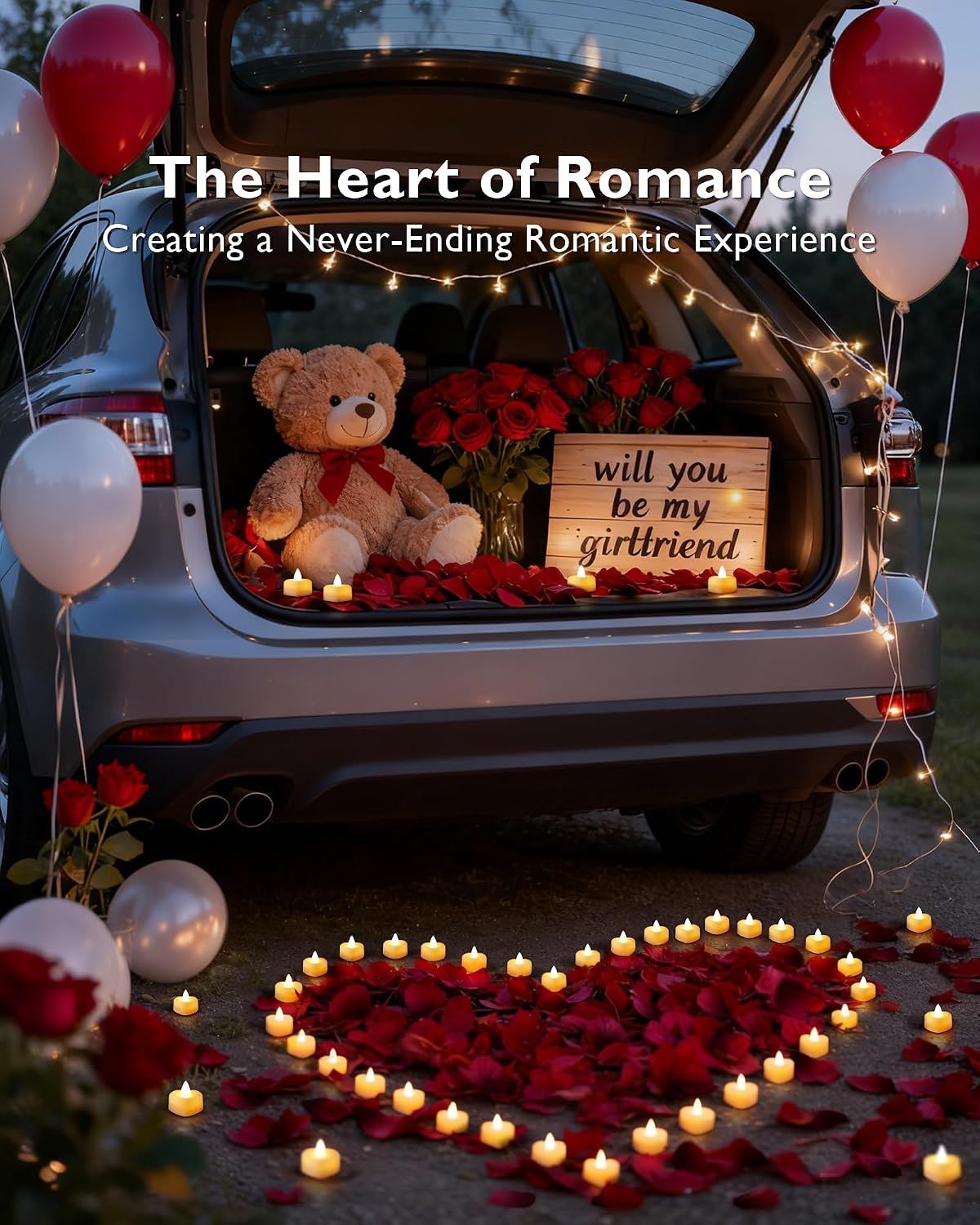 Rose Petals & 12 Heart LED Candles Kit for Romantic Proposals & Decor - Image 2