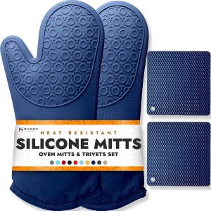 BPA-Free Soft Silicone 4 Piece Oven Mitts & Trivets Set - Ultra Heat Resistant Oven Mitts with Thick Cotton Liner - Long Slip Resistant Pot Holders, Flexible Oven Gloves - Royal Blue