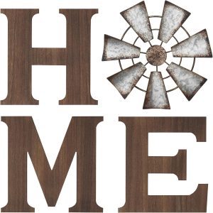 Mkono Wood Home Sign, Metal Windmill for O, Farmhouse Wall Decor, Brown | Rustic Country Style, Hanging Letters Art, Living Room Kitchen Entryway Bedroom, Housewarming Wedding Gift