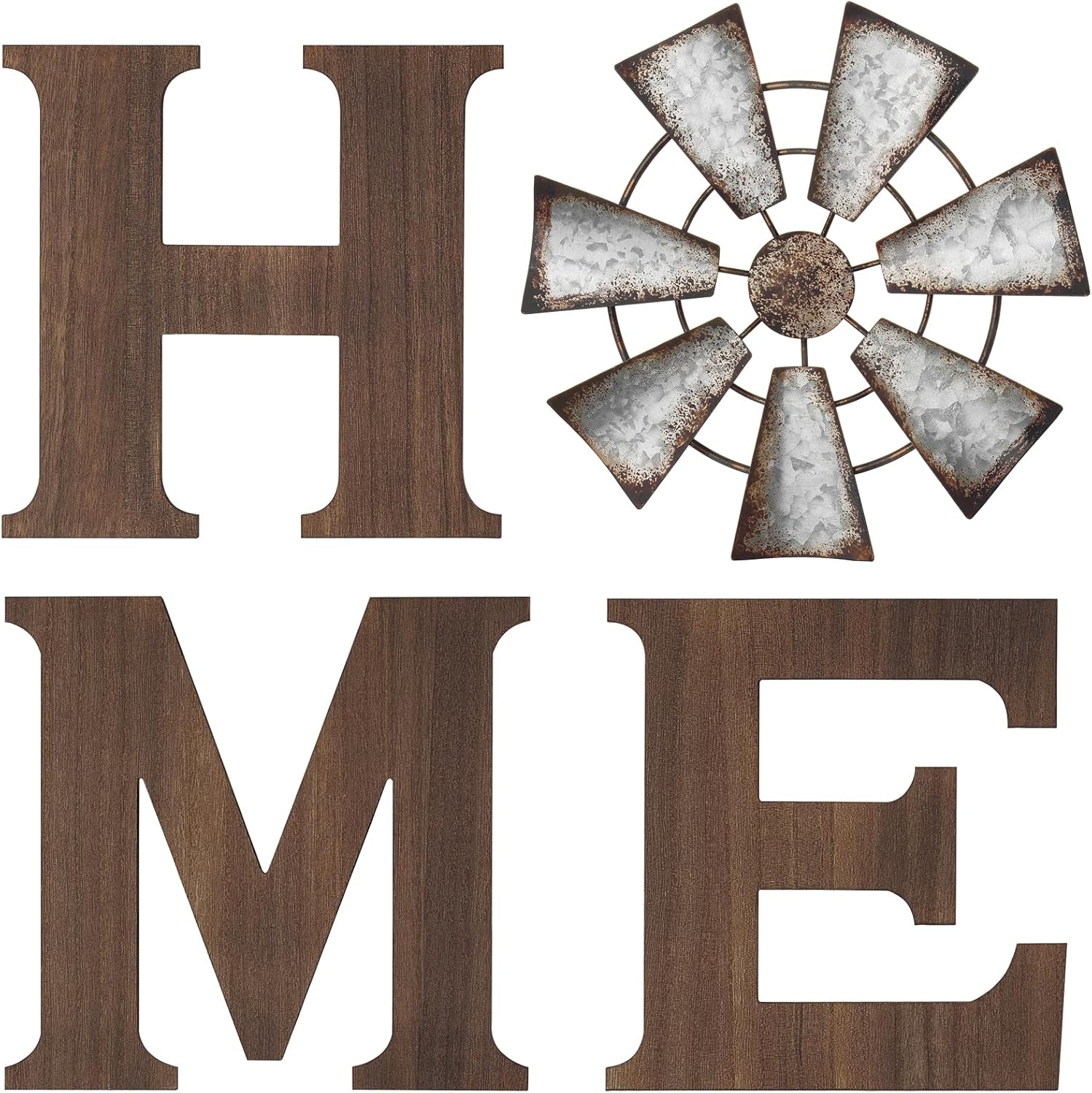 Mkono Wood Home Sign, Metal Windmill for O, Farmhouse Wall Decor, Brown | Rustic Country Style, Hanging Letters Art, Living Room Kitchen Entryway Bedroom, Housewarming Wedding Gift