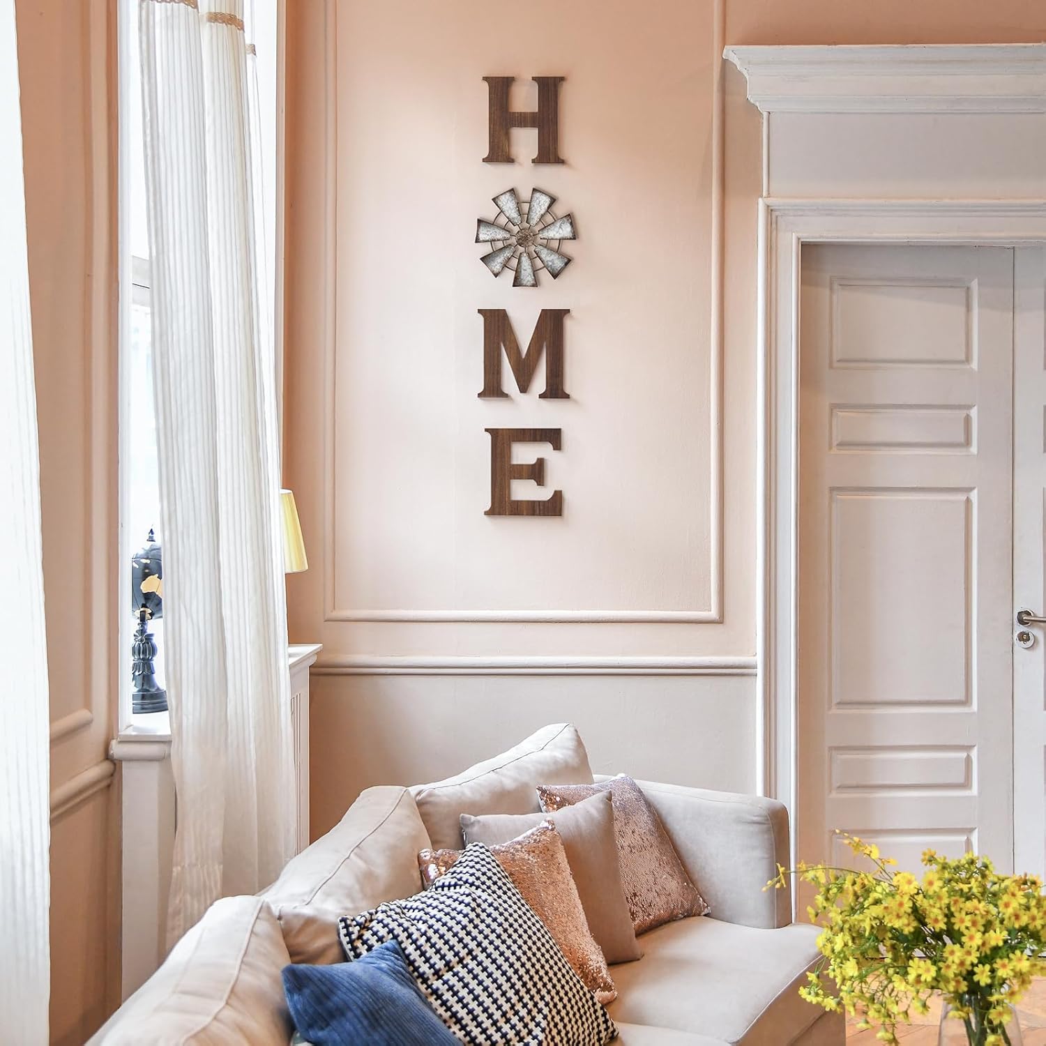 Rustic Brown Wood HOME Sign, Metal Windmill O. Farmhouse Wall Decor Gift. - Image 2