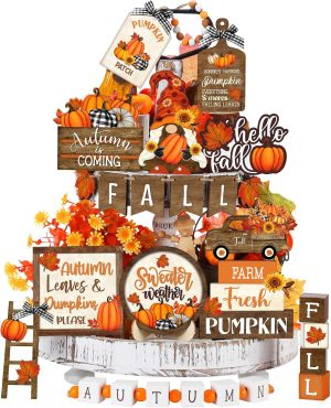 Maitys 21 Pcs Fall Tiered Tray Decor Set Vintage Pumpkin Gnome Truck | Thanksgiving Centerpiece, Wooden Signs Bead Garland, Rustic Farmhouse Autumn Styles for Kitchen Tabletop Home Display