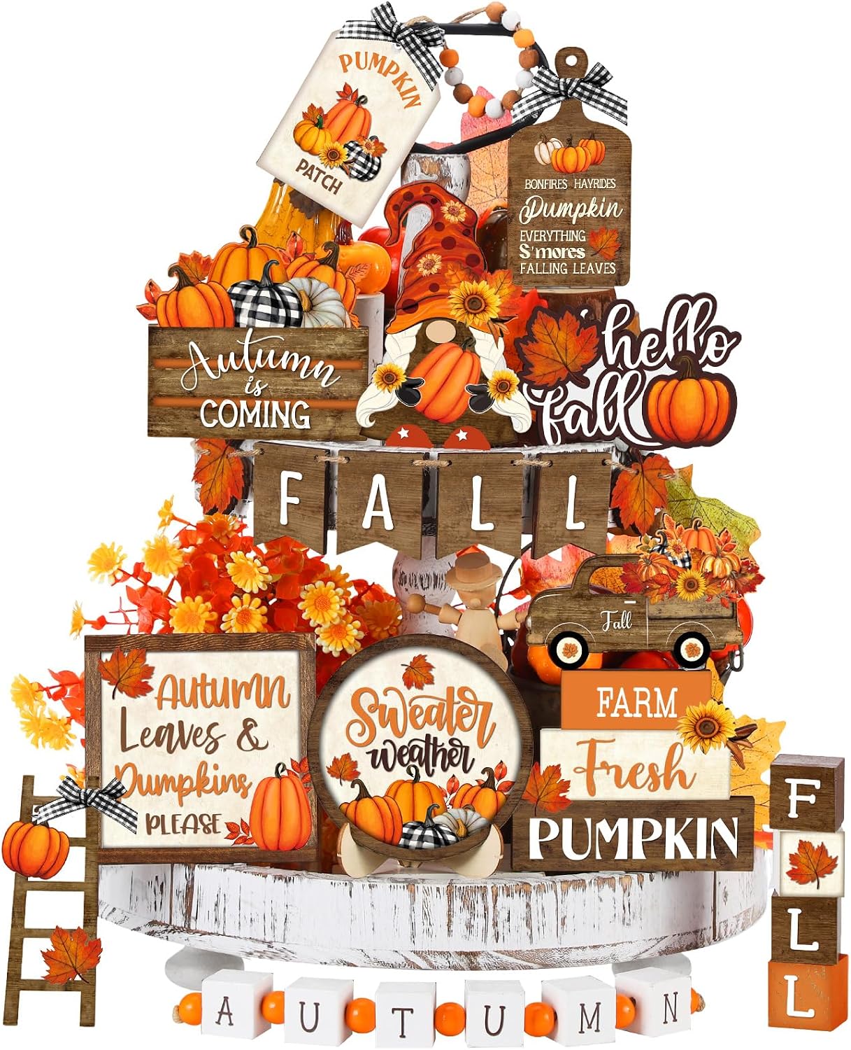 Maitys 21 Pcs Fall Tiered Tray Decor Set Vintage Pumpkin Gnome Truck | Thanksgiving Centerpiece, Wooden Signs Bead Garland, Rustic Farmhouse Autumn Styles for Kitchen Tabletop Home Display