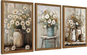 DUWQU Triptych Rustic Farmhouse Daisy Framed Canvas Wall Art 16x24 inch x3 | Wooden frame, UV-resistant ink, Giclée printing process, Pre-installed hooks make it easy to hang home or office wall decor