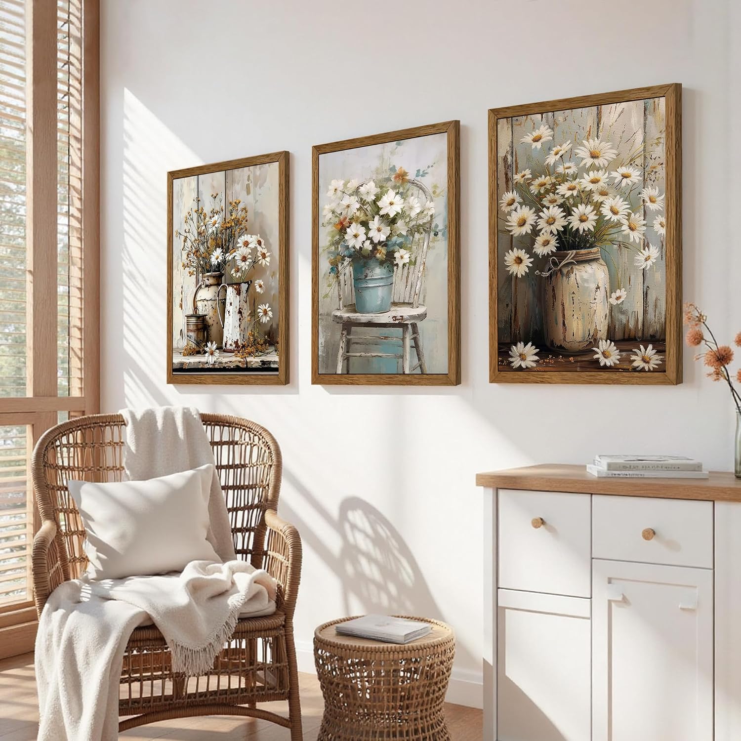 Rustic Farmhouse Daisy Triptych Framed Canvas Art. 16x24"x3 Giclée, ready to hang. - Image 2