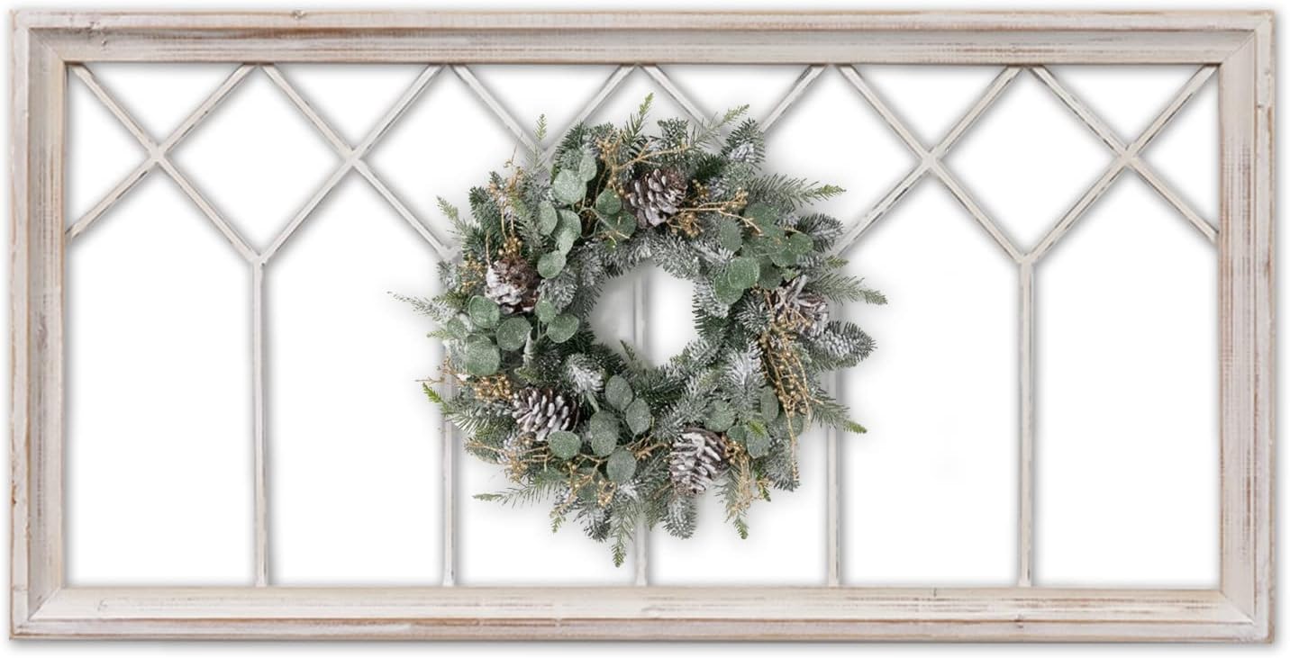 Sintosin Rustic Wood Window Frame Wall Decor 40 x 20 inches, Washable White | Hanging Farmhouse Faux Windows Frames for Walls, Decorative Wall Art for Living Room Bedroom Hallway Christmas