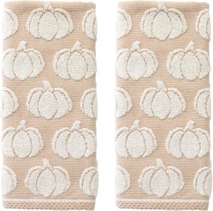 SKL Home Fall/Thanksgiving Pumpkin Hand Towel Set-2pc, Jacquard, Tan | 100% Cotton. Plush, absorbent & reversible. Great for use in the bathroom, kitchen, or bar. Also fun for Halloween & gifting.