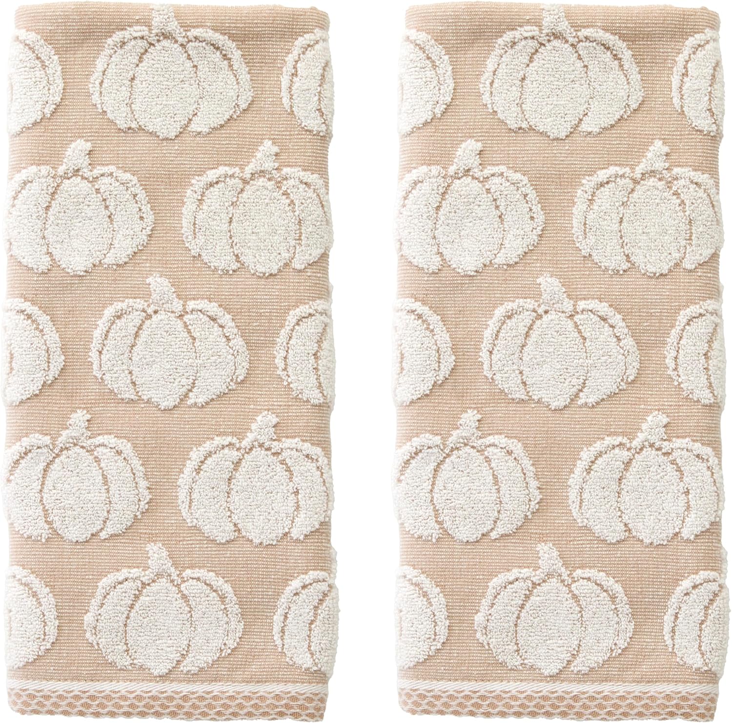 SKL Home Fall/Thanksgiving Pumpkin Hand Towel Set-2pc, Jacquard, Tan | 100% Cotton. Plush, absorbent & reversible. Great for use in the bathroom, kitchen, or bar. Also fun for Halloween & gifting.