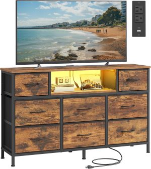 SONGMICS BELLAH Collection - Dresser for Bedroom with Outlets and LED Lights, TV Stand for TVs Up to 55 Inches, Chest of Drawers, 8 Drawers, Steel, Industrial, Rustic Brown and Ink Black ULGS433KD02S