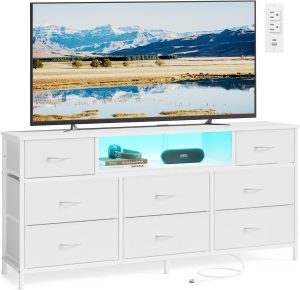 SONGMICS BELLAH Collection - Dresser for Bedroom with Outlets and LED Lights, TV Stand for TVs Up to 65 Inches, Chest of Drawers, 8 Drawers, Steel, Modern, Cloud White ULGS434WH02S