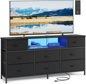 SONGMICS BELLAH Collection - Dresser for Bedroom with Outlets and LED Lights, TV Stand for TVs Up to 65 Inches, Chest of Drawers, 8 Drawers, Steel, Modern, Ink Black ULGS434BH02S