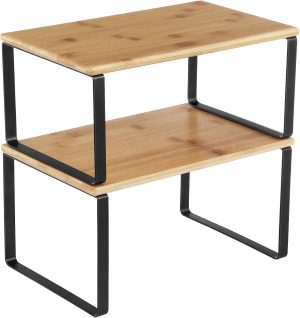SONGMICS Cabinet Organizer Shelf, Set of 2 Kitchen Counter Shelves, Kitchen Storage, Spice Rack, Stackable, Expandable, Metal and Engineered Wood, 11.7 Inches, Ink Black and Natural Beige UKCS02NB