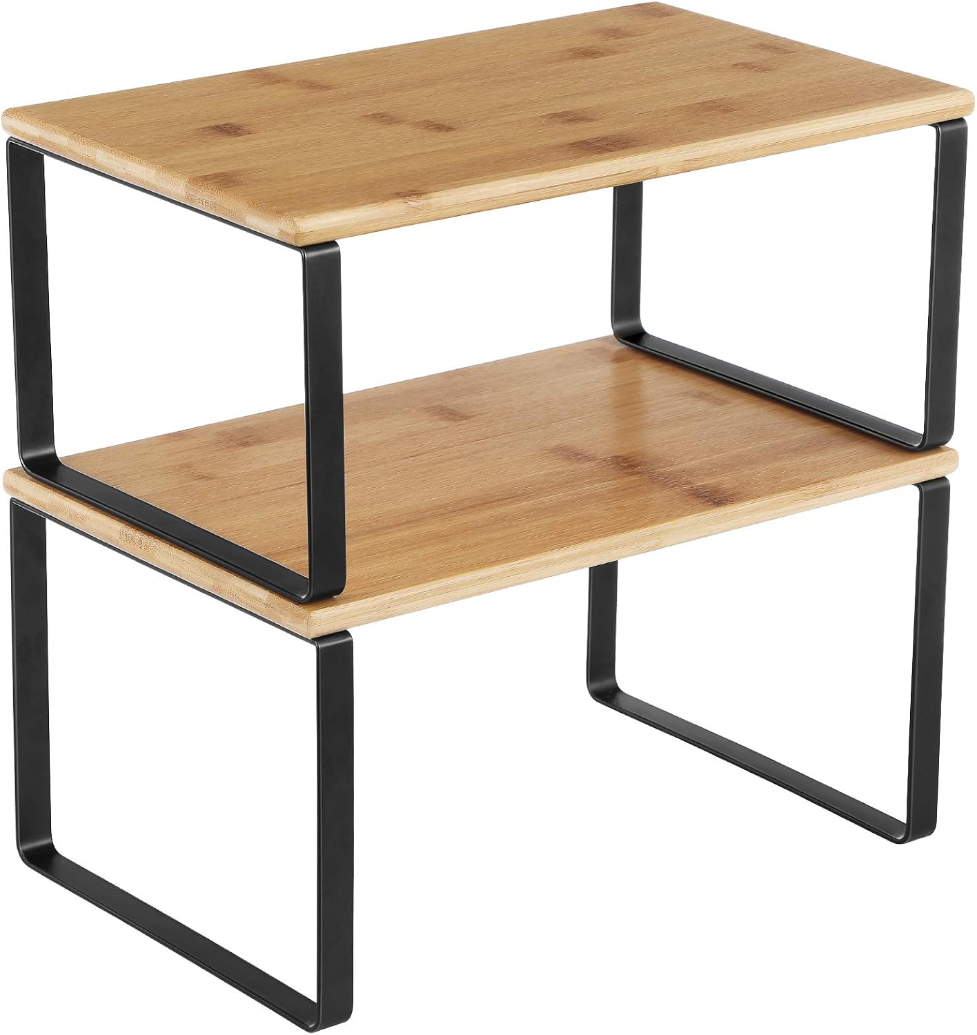 SONGMICS Cabinet Organizer Shelf, Set of 2 Kitchen Counter Shelves, Kitchen Storage, Spice Rack, Stackable, Expandable, Metal and Engineered Wood, 11.7 Inches, Ink Black and Natural Beige UKCS02NB