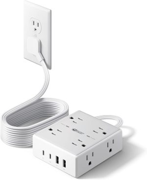 SUPERDANNY Extension Cord,Flat Plug Surge Protector Power Strip,10Ft | 8 AC & 4 USB Ports (2 USB C),Surge Protector with 1050J,Desk Charging Station for Home Office,College Dorm Room Essentials
