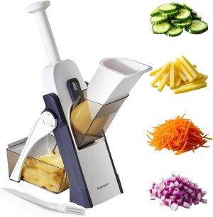 SupMaKin Safe Mandoline Slicer for Kitchen,Adjustable Potato Slicer 1-8 mm | 4 Modes Slice, Strips,Julienne Dicer,Vegetables Slicer Fry Food Cutter,Stainless Steel Blades, Foldable Dishwasher Safe,Gifts