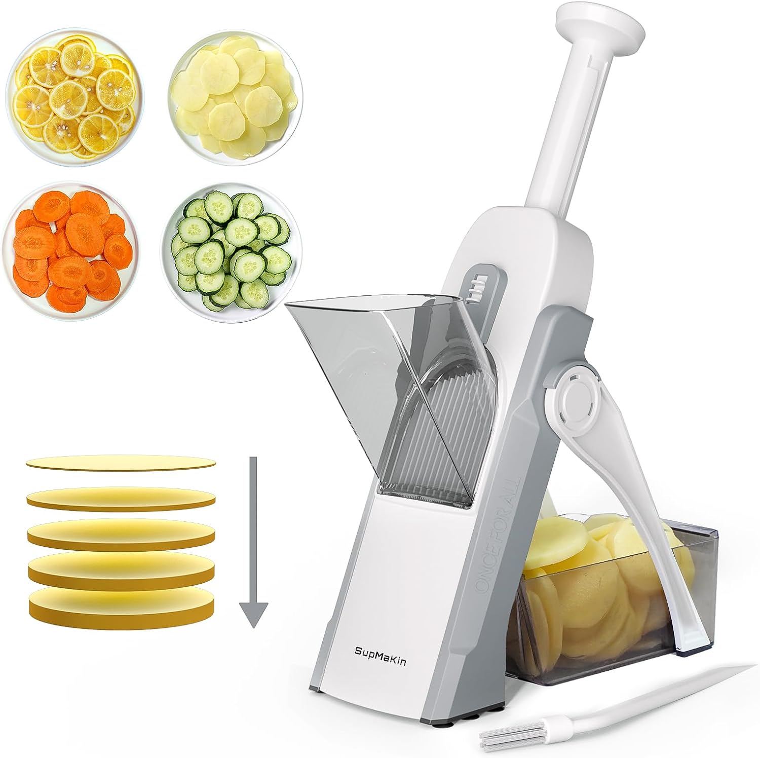 SupMaKin Safe Mandoline Slicer for Kitchen,Adjustable Potato Slicer 1-8 mm | for Vegetables Fruits Slicer with Container, Stainless Steel Blades,Faster Slicer Artifact Kitchen Gadgets Dishwasher Gifts