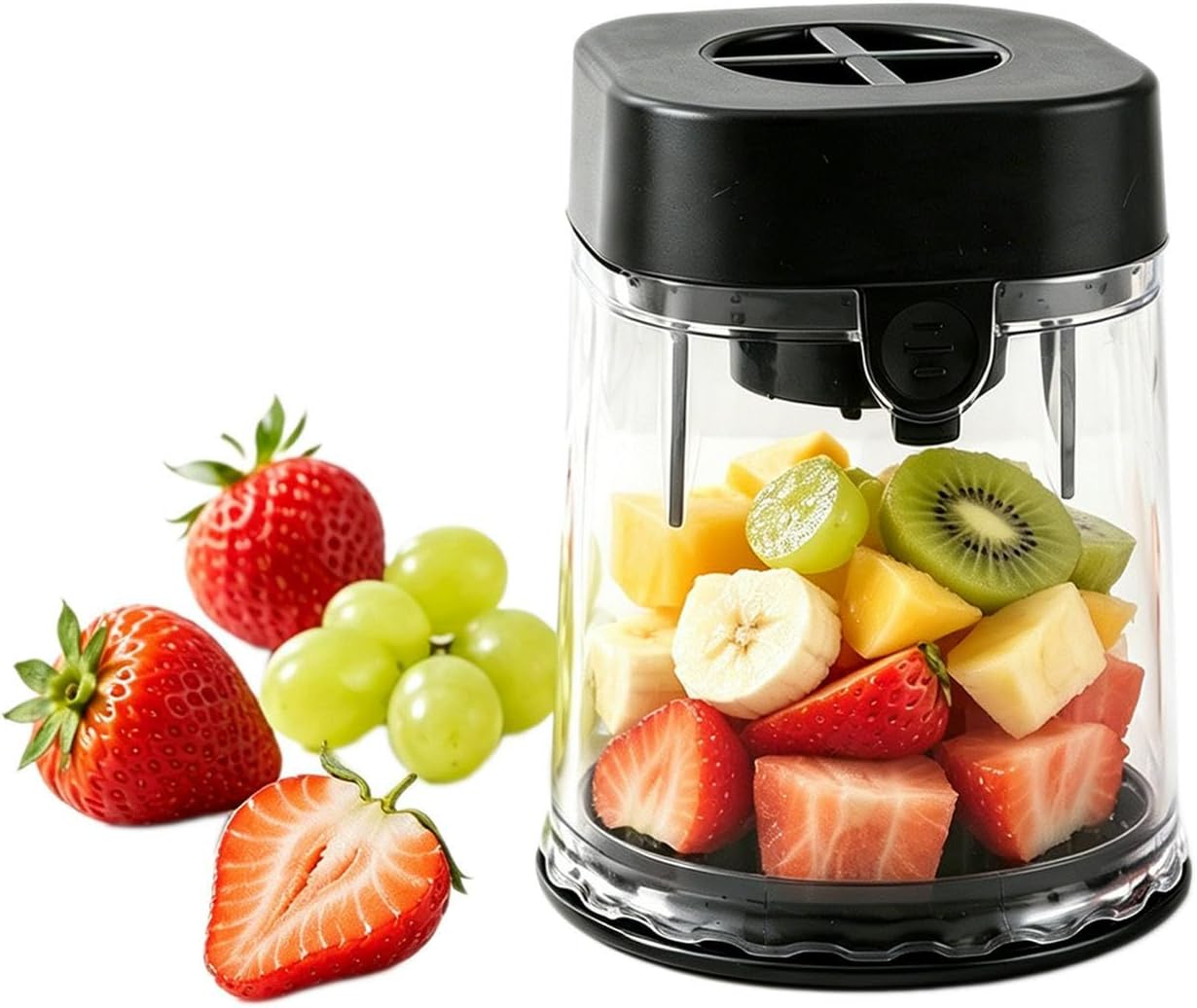 2-in-1 Fruit Slicer Cup, Strawberry Slicer Dicer with Lid & Stainless Steel Blades, Detachable Kitchen Gadget for Banana Strawberry Grape Egg Vegetable Salad (Black)