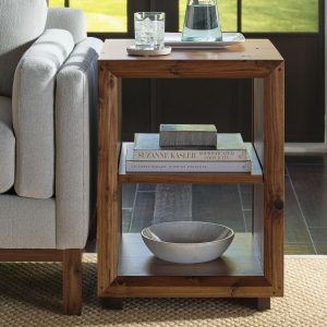 Saranac Side Table/End Table | Solid Rustic Walnut, Sustainable Construction, Open Back, Adjustable Shelf, Sled Base, 19in W x 18in D x 26in H, Made in USA